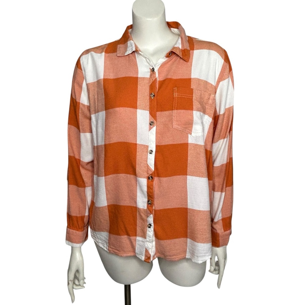 Maurices Top 1 Orange & White Buffalo Check Women's Button Down Shirt Plaid 1X